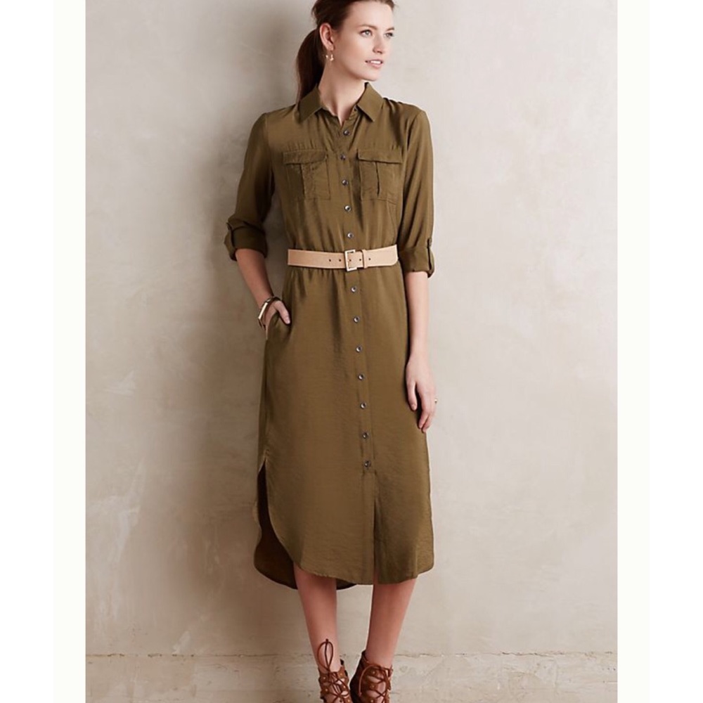 Anthropologie Maeve Olive Midi Dress with Belt